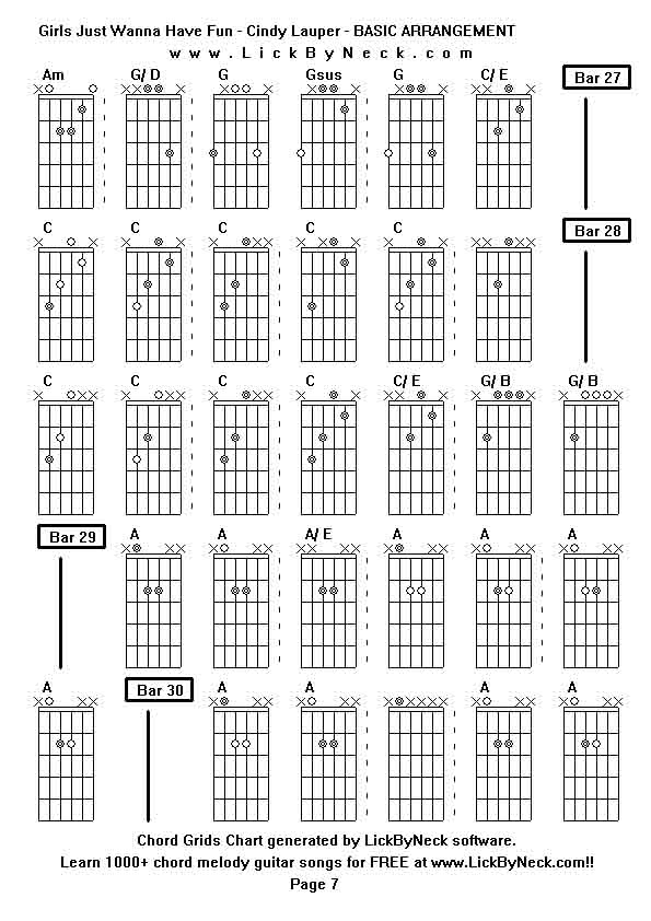 Chord Grids Chart of chord melody fingerstyle guitar song-Girls Just Wanna Have Fun - Cindy Lauper - BASIC ARRANGEMENT,generated by LickByNeck software.